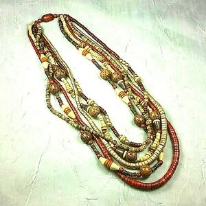 Multi Strand Wood Seed Bead Necklace 20-26" Rich Brown Gold Layered Boho Tribal